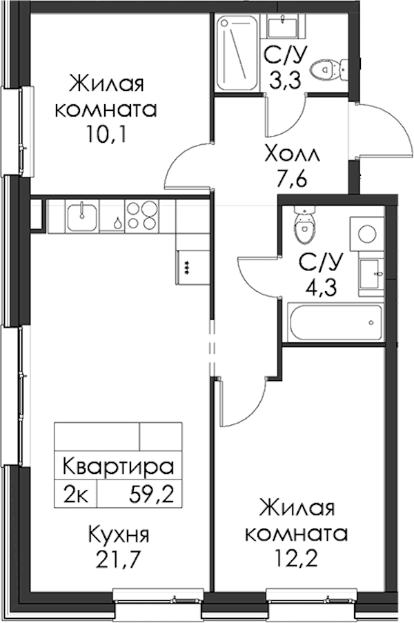 2-комнатная квартира 59.2 м², 4/8 эт., ЖК «Шкиперский 19»